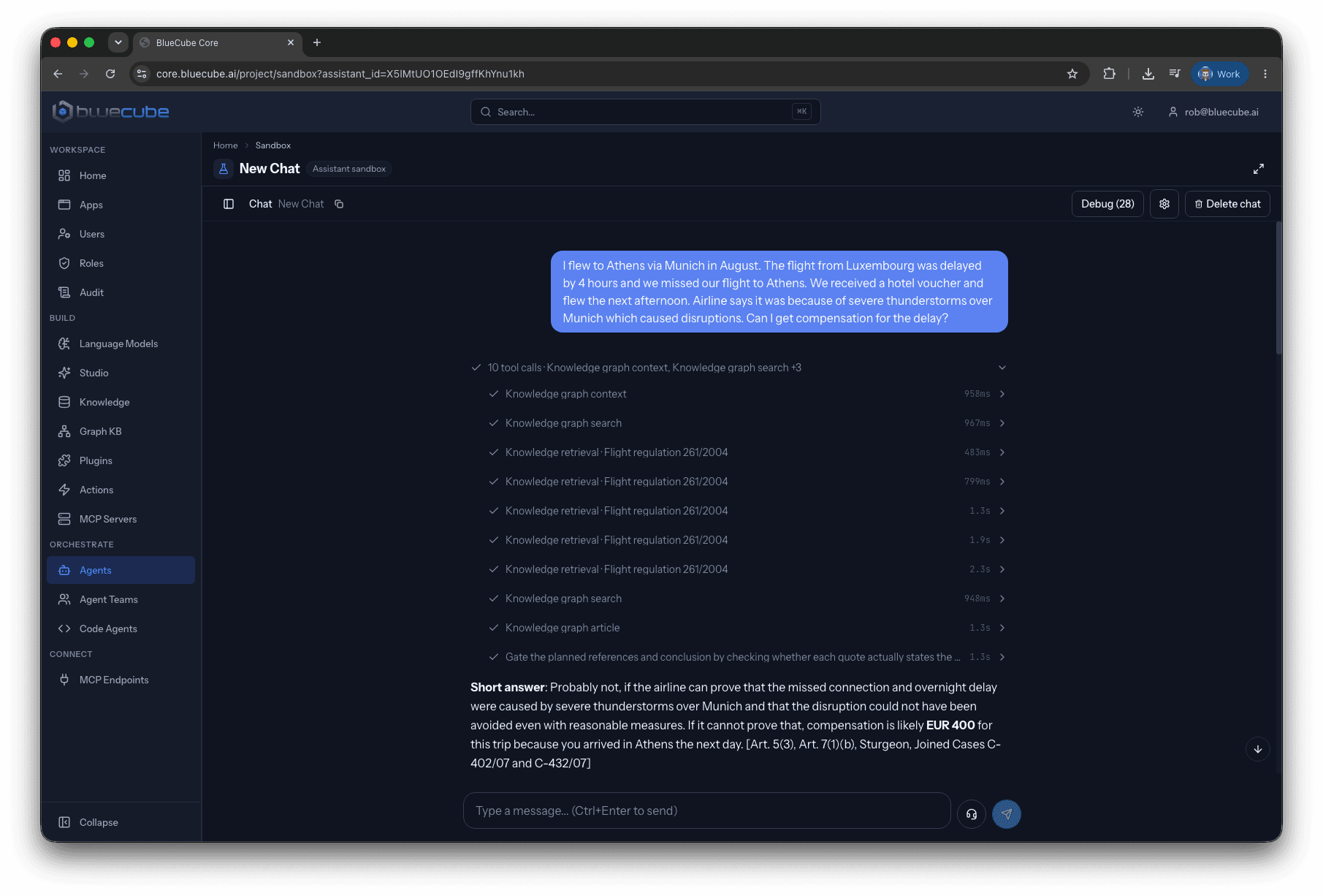 BlueCube Core chat in which the agent answers a question about a delayed connecting flight, after ten tool calls to the knowledge graph and the knowledge base, with a short answer that cites Article 5(3), Article 7(1)(b) and the Sturgeon cases