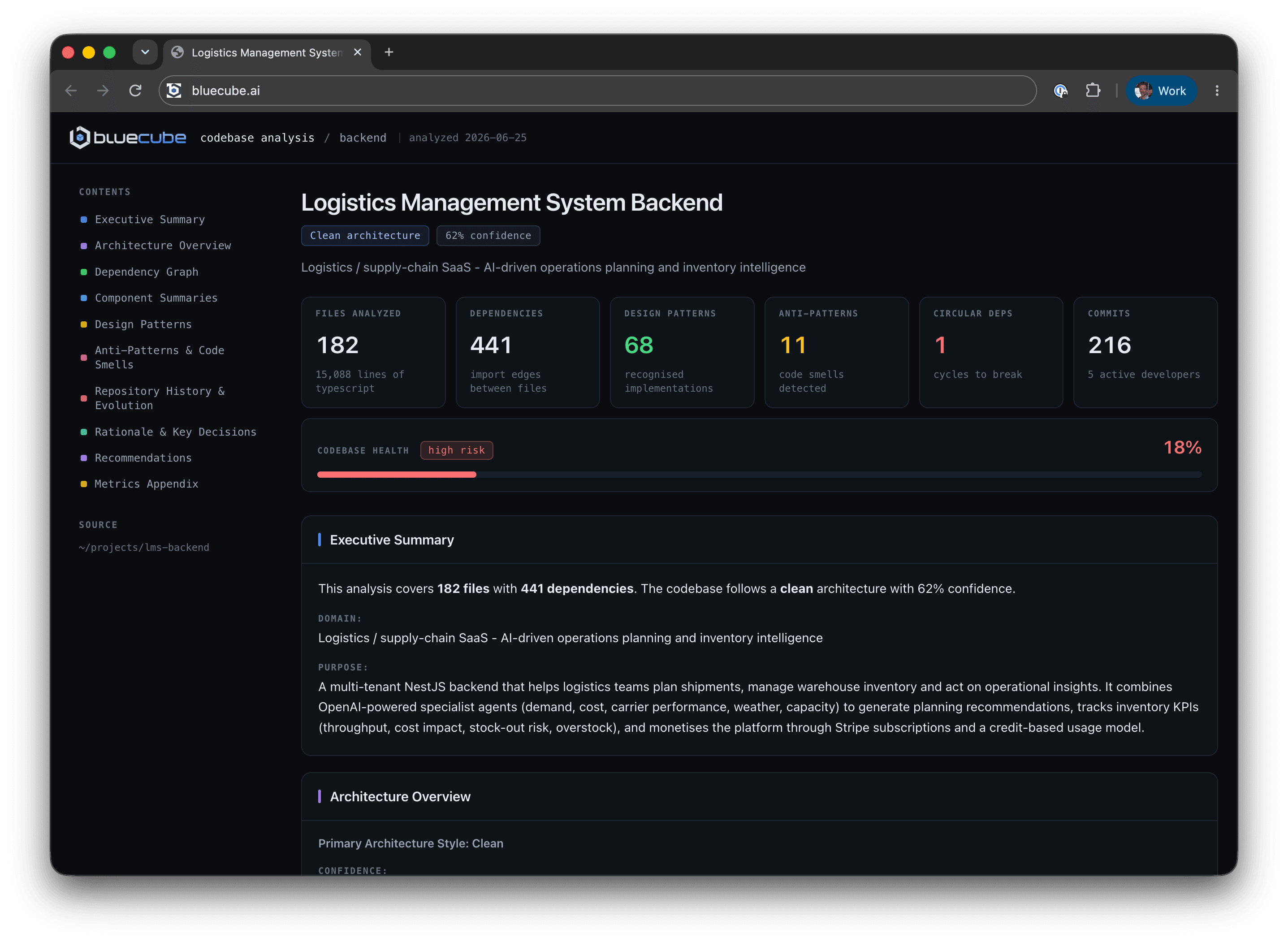 CODER tools codebase analysis in a browser: files, dependencies, design patterns and codebase health