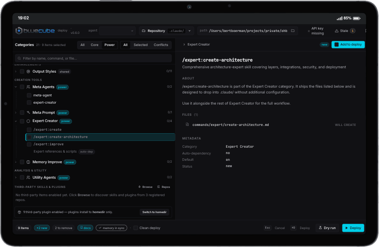 CODER tools on a tablet: commands and agents selected for a deployment