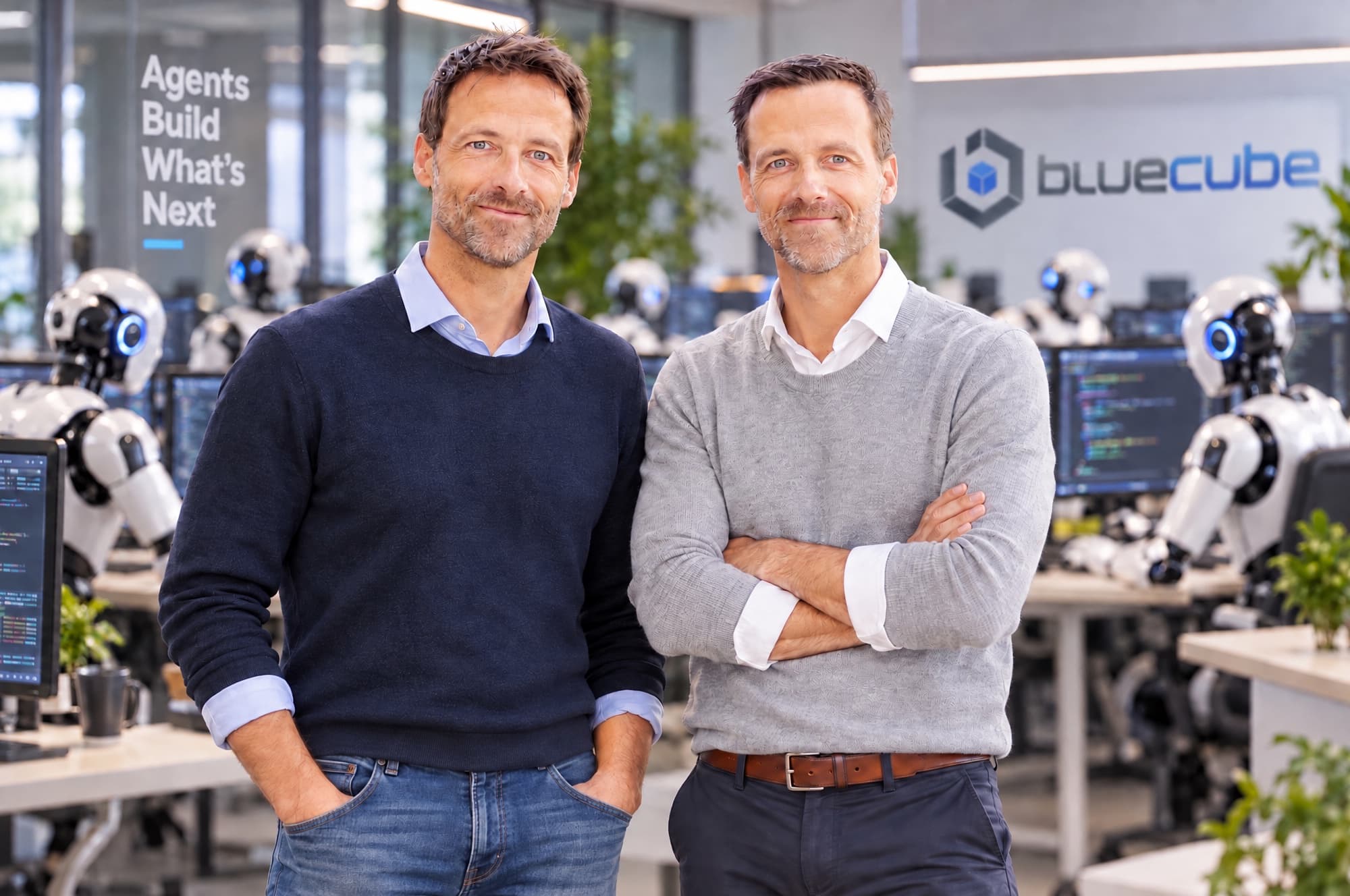 Rob (left) and Bert Boerman, founders of BlueCube, in the BlueCube office with robot agents working at screens behind them